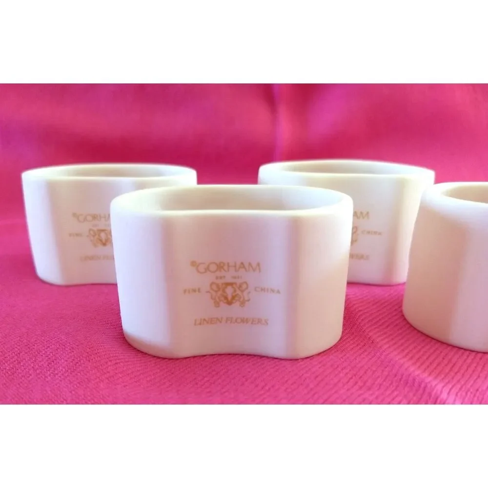 Gorham Bone China Napkin‎ Rings Linen Flowers Lily Set of 4 Vintage Minimalist